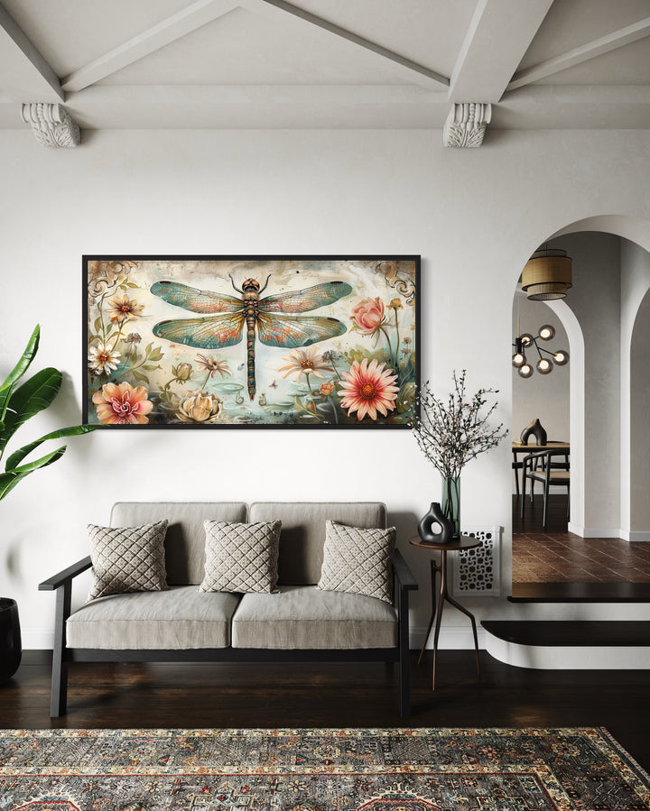 Rustic Dragonfly Illustration With Flowers Framed Canvas Wall Art