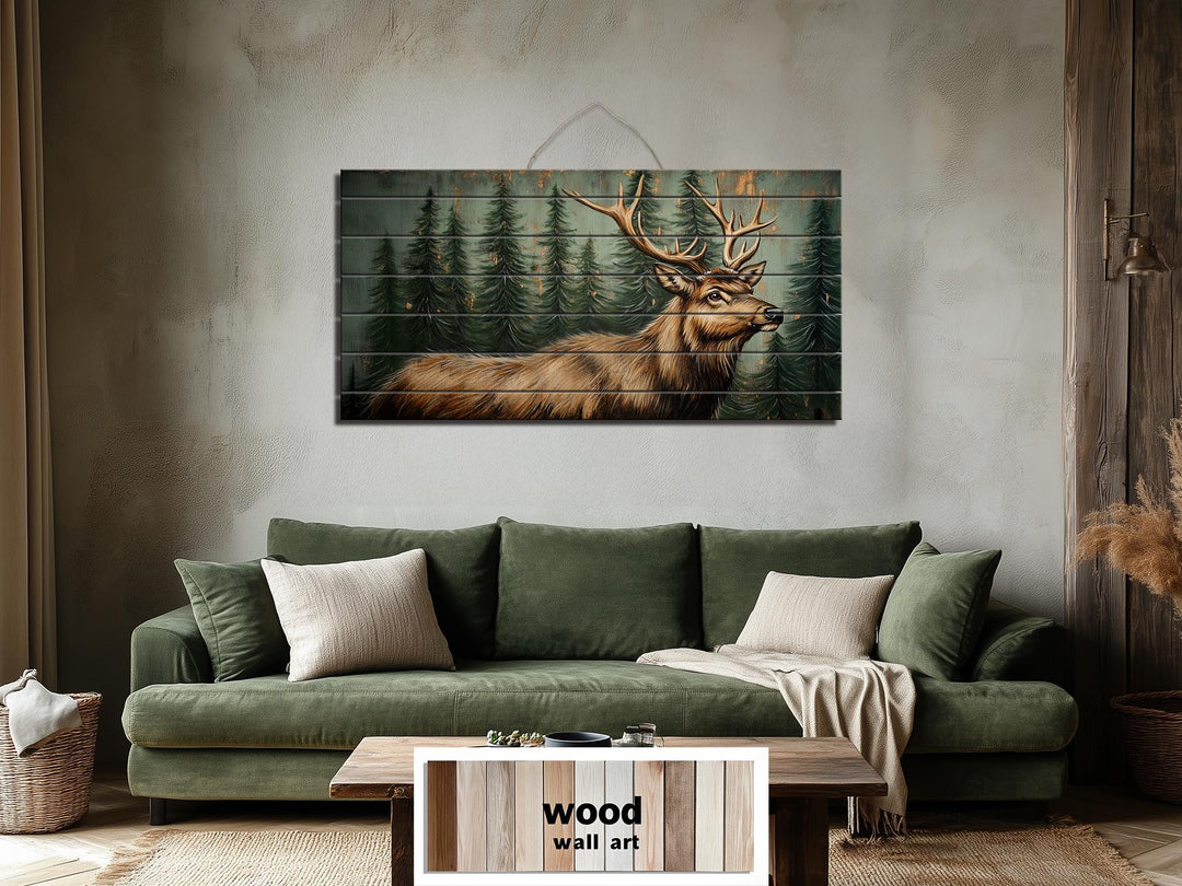 Rustic Elk In Pine Forest Painting on Wood Distressed Wood Wall Art