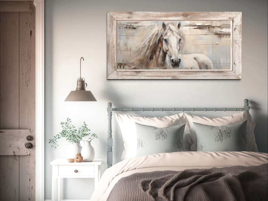 Rustic Farm Horse Painting On Distressed Wood Framed Canvas Wall Art