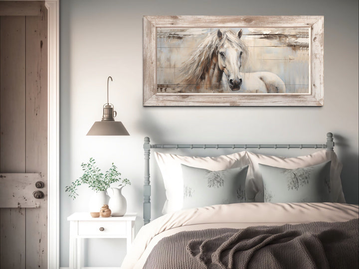Rustic Farm Horse Painting On Distressed Wood Framed Canvas Wall Art