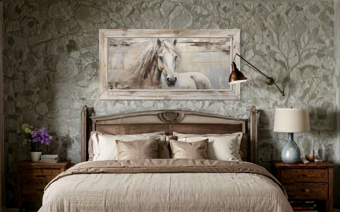 Rustic Farm Horse Painting On Distressed Wood Framed Canvas Wall Art