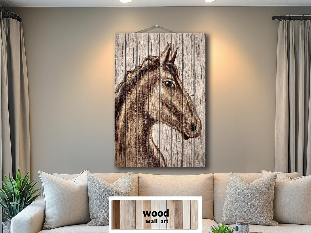 Rustic Farm Horse Portrait Distressed Wood Wall Art Print, Vertical Rustic Farmhouse Horse Decor, Western Animal Wall Print