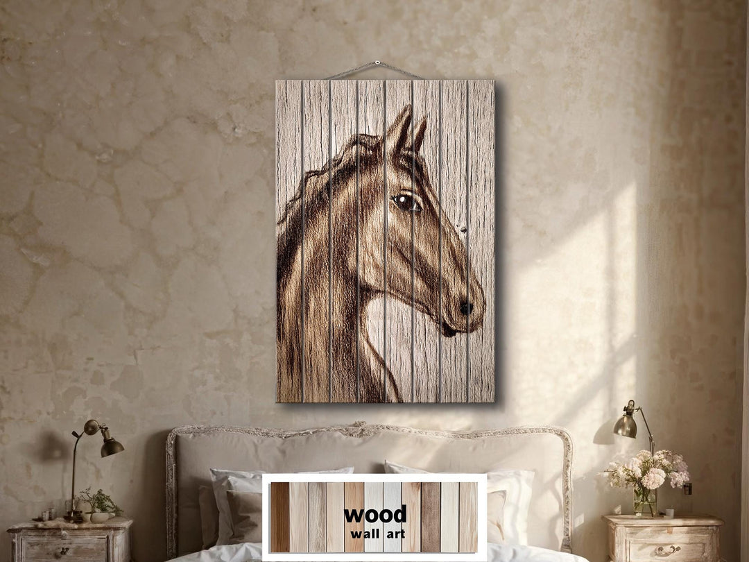 Rustic Farm Horse Portrait Distressed Wood Wall Art Print, Vertical Rustic Farmhouse Horse Decor, Western Animal Wall Print
