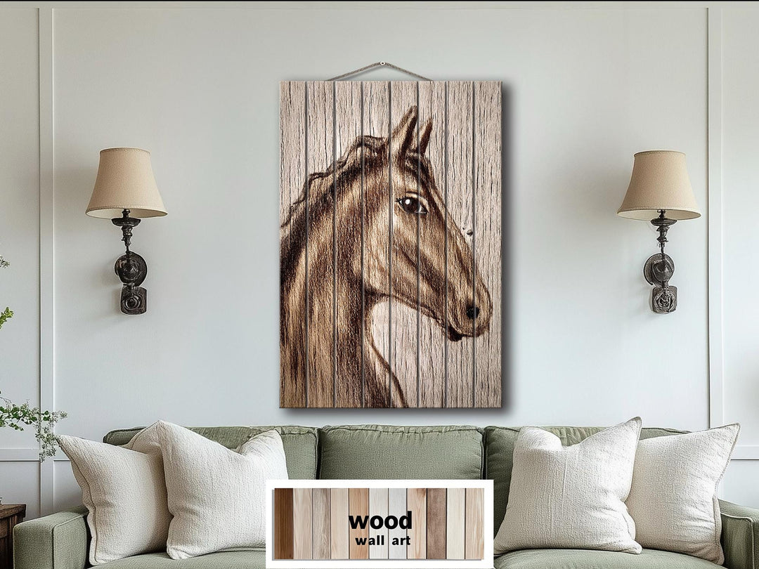 Rustic Farm Horse Portrait Distressed Wood Wall Art Print, Vertical Rustic Farmhouse Horse Decor, Western Animal Wall Print