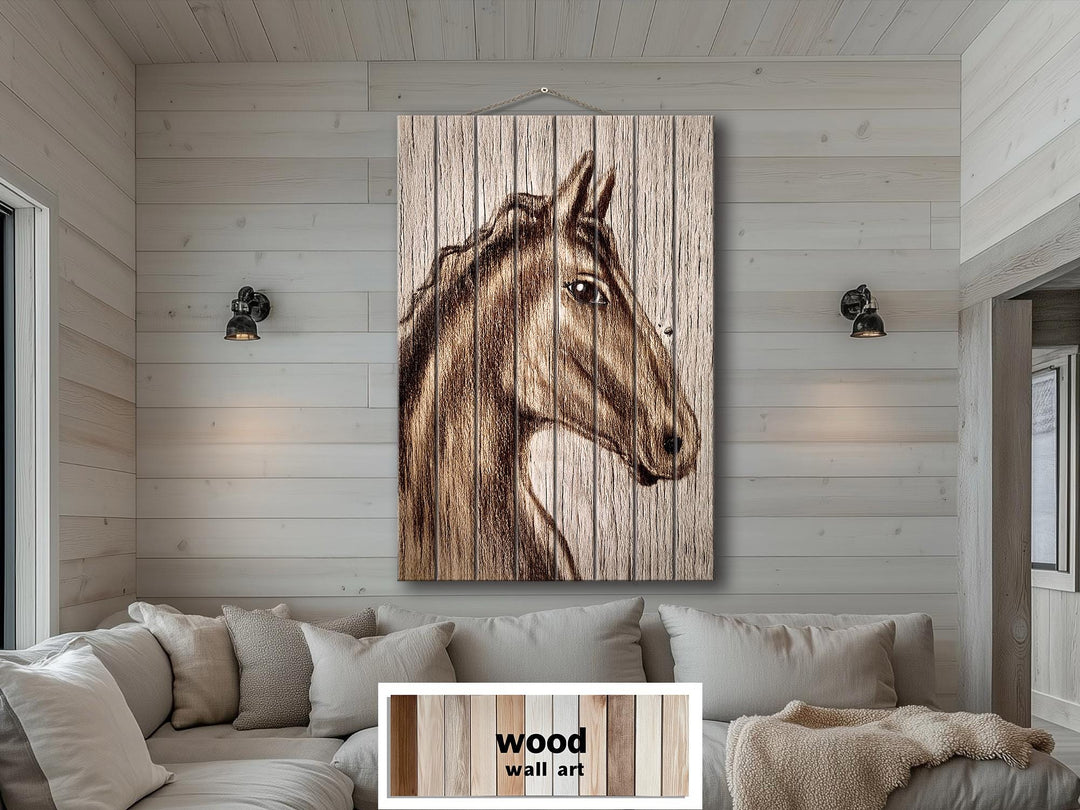 Rustic Farm Horse Portrait Distressed Wood Wall Art Print, Vertical Rustic Farmhouse Horse Decor, Western Animal Wall Print