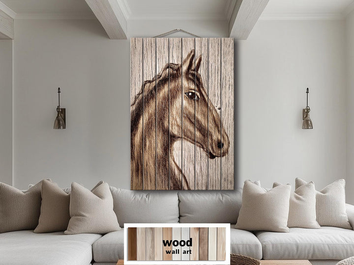 Rustic Farm Horse Portrait Distressed Wood Wall Art Print, Vertical Rustic Farmhouse Horse Decor, Western Animal Wall Print