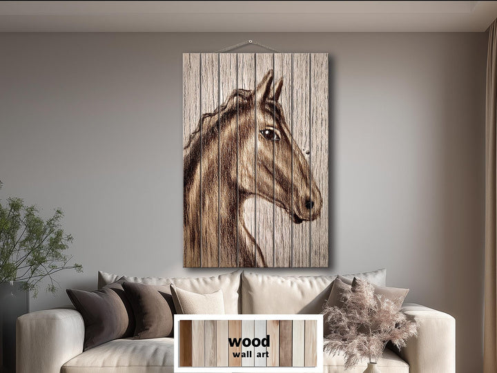 Rustic Farm Horse Portrait Distressed Wood Wall Art Print, Vertical Rustic Farmhouse Horse Decor, Western Animal Wall Print
