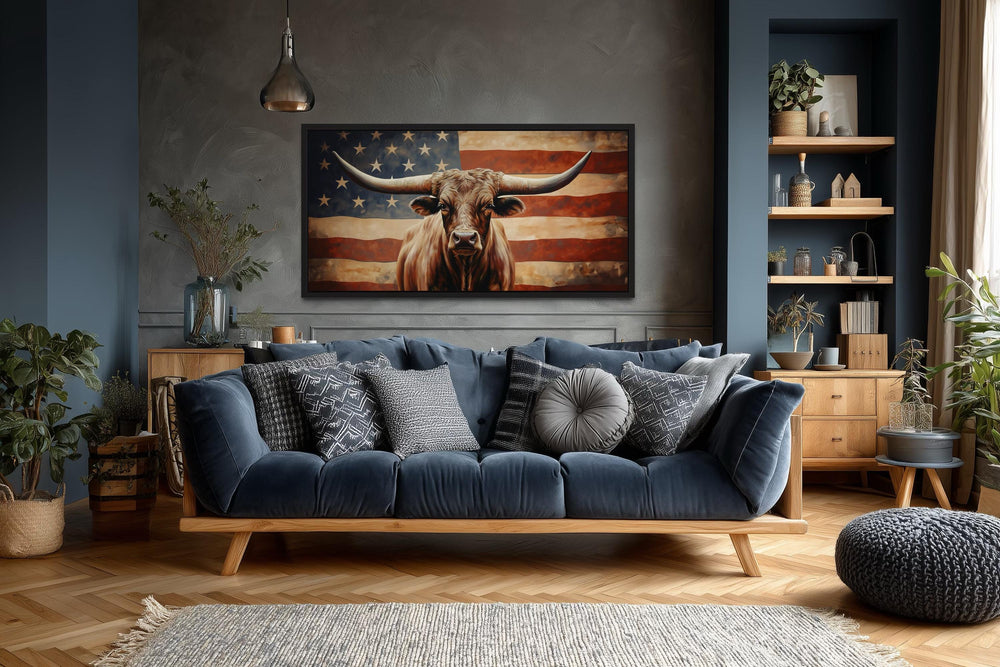 Rustic Longhorn Bull And American Flag Wall Art