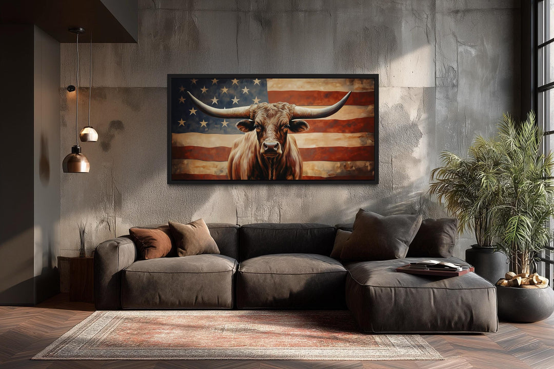Rustic Longhorn Bull And American Flag Wall Art