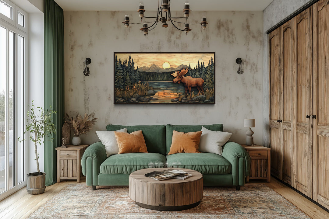 Rustic Moose Painting Framed Cabin Wall Decor