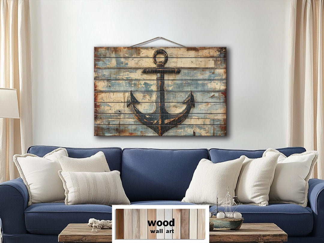 Rustic Nautical Ship's Anchor Distressed Wood Sign For Beach House Decor