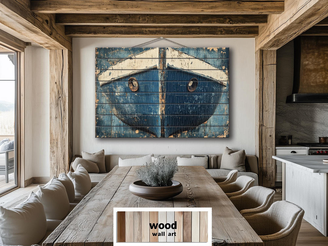 Rustic Navy Blue Boat Bow Wood Sign Printed on Real Wood Nautical Wall Art