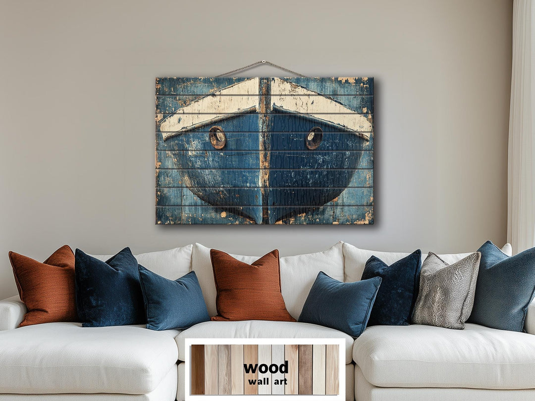 Rustic Navy Blue Boat Bow Wood Sign Printed on Real Wood Nautical Wall Art