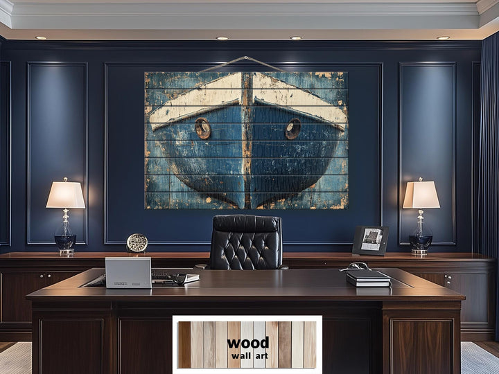 Rustic Navy Blue Boat Bow Wood Sign Printed on Real Wood Nautical Wall Art