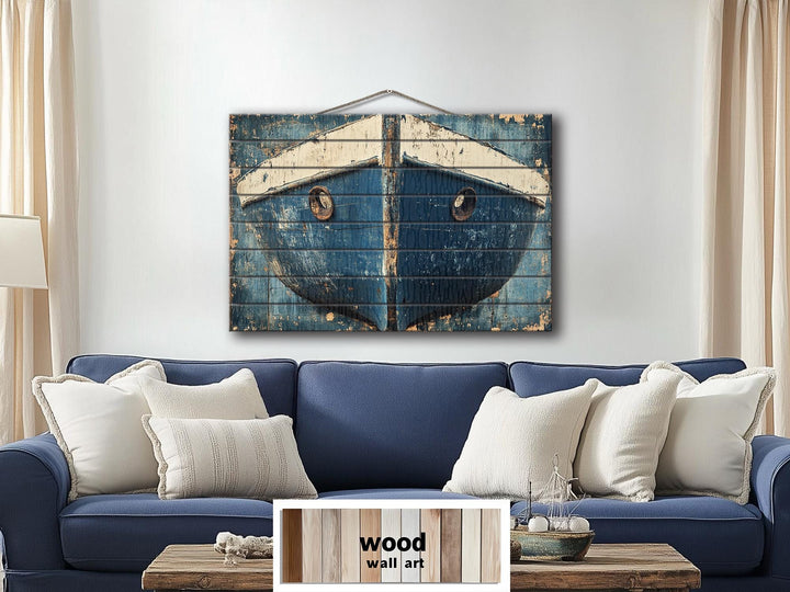 Rustic Navy Blue Boat Bow Wood Sign Printed on Real Wood Nautical Wall Art