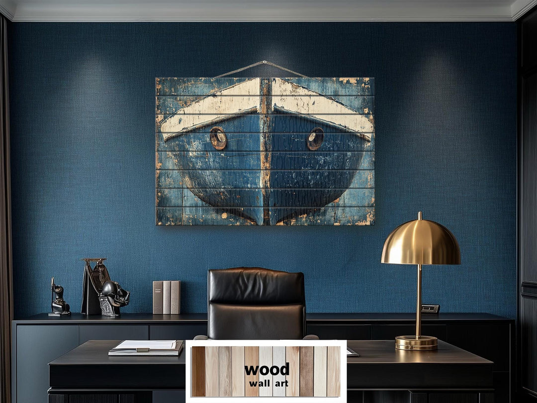 Rustic Navy Blue Boat Bow Wood Sign Printed on Real Wood Nautical Wall Art