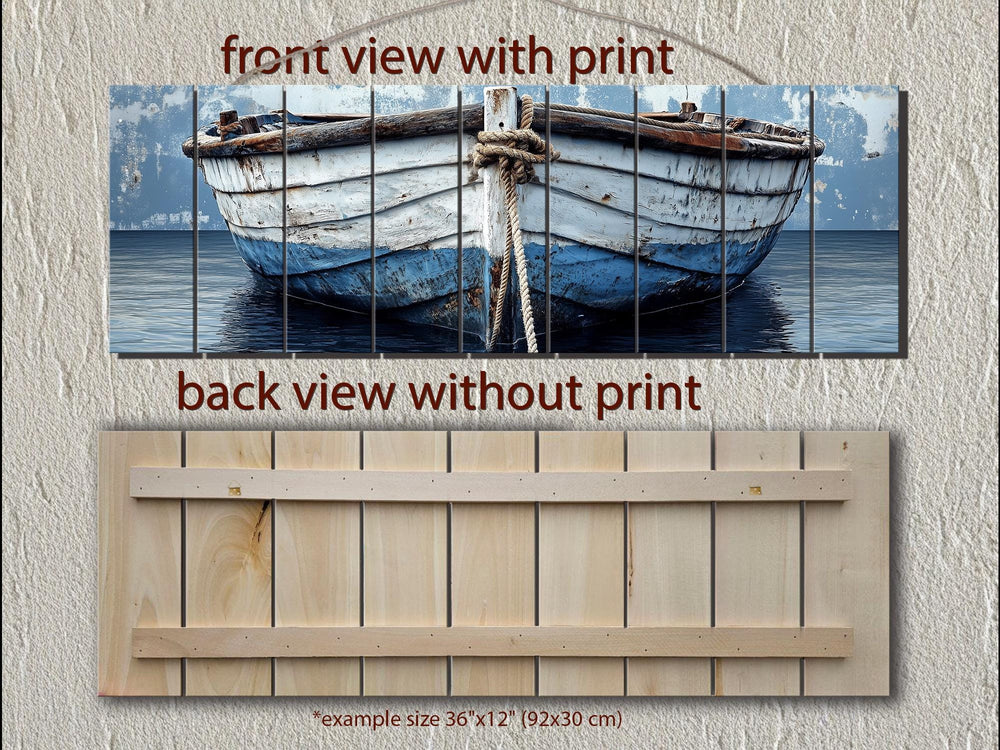Rustic Old Blue Boat Long Narrow Real Wood Wall Art