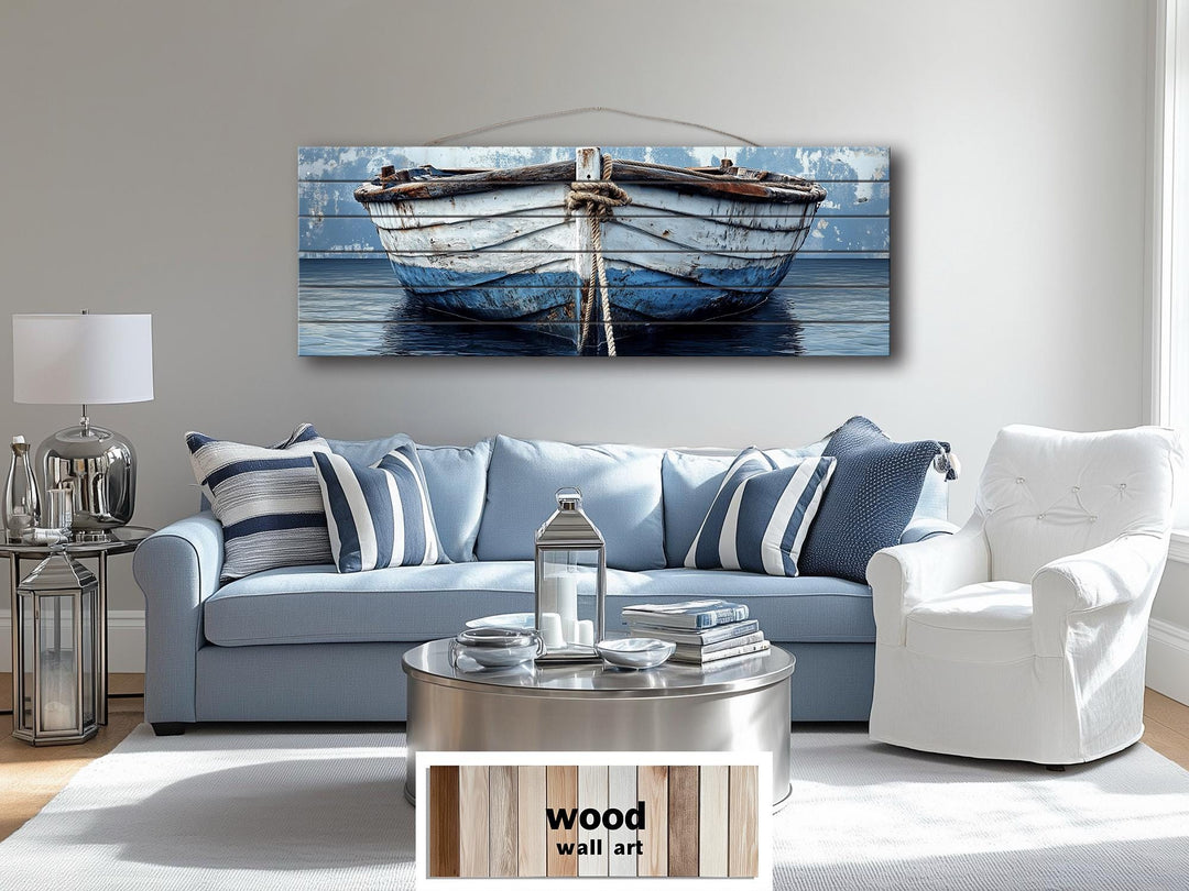 Rustic Old Blue Boat Long Narrow Real Wood Wall Art