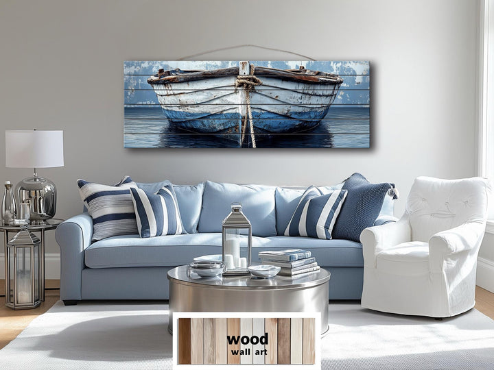 Rustic Old Blue Boat Long Narrow Real Wood Wall Art