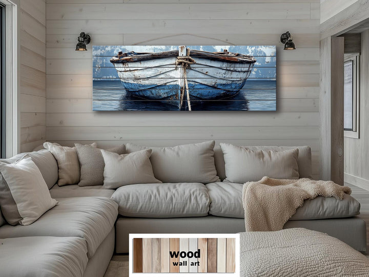 Rustic Old Blue Boat Long Narrow Real Wood Wall Art