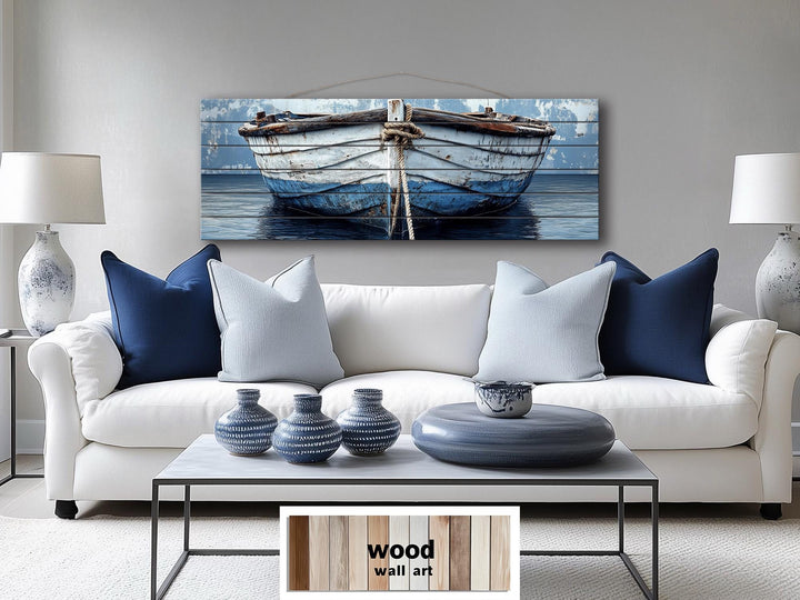 Rustic Old Blue Boat Long Narrow Real Wood Wall Art