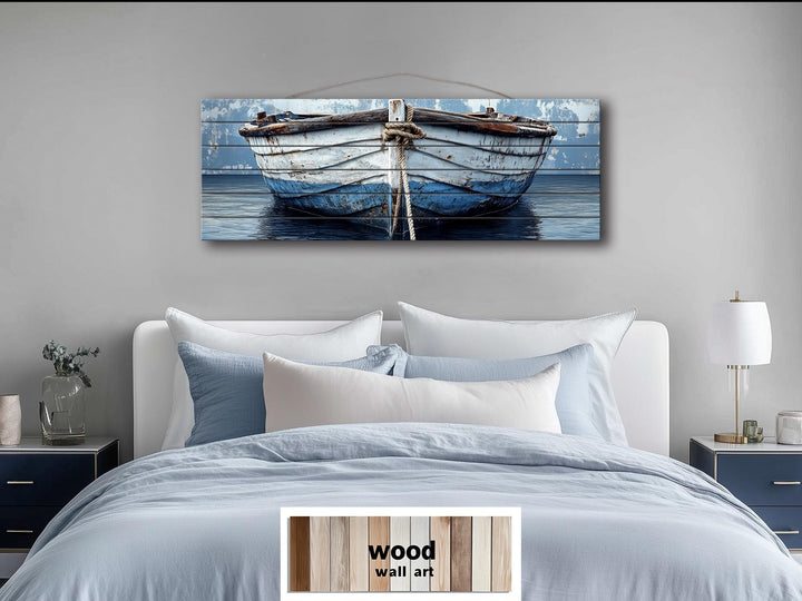 Rustic Old Blue Boat Long Narrow Real Wood Wall Art