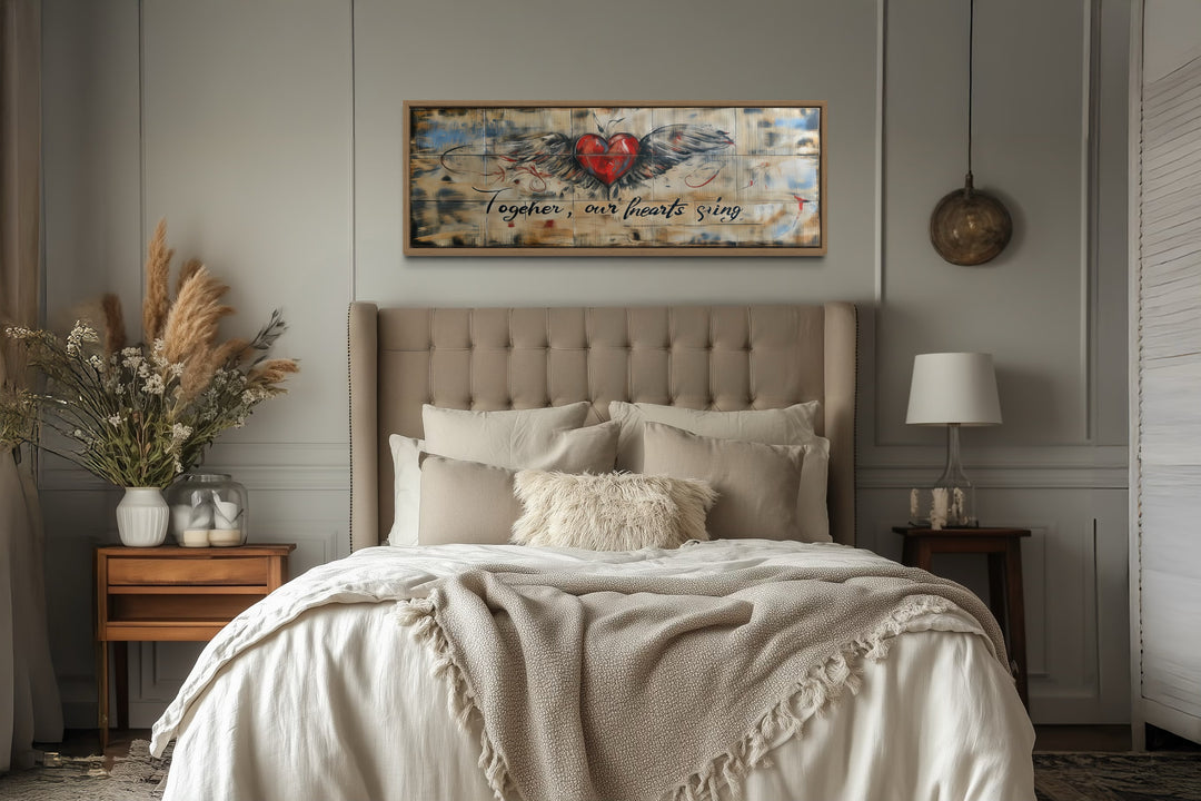 Rustic Over Bed Couples Bedroom Sign, Together Our Hearts Sing Wall Art