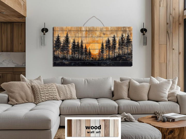 Rustic Pine Forest At Sunset Distressed Wood Wall Art