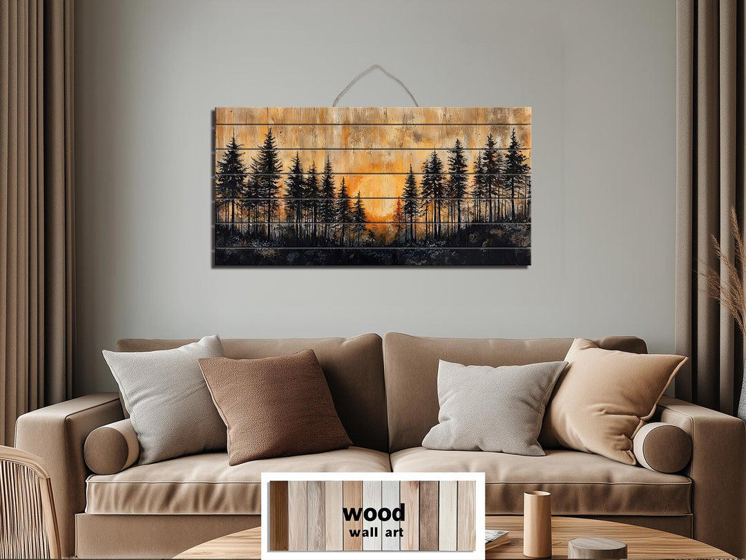 Rustic Pine Forest At Sunset Distressed Wood Wall Art