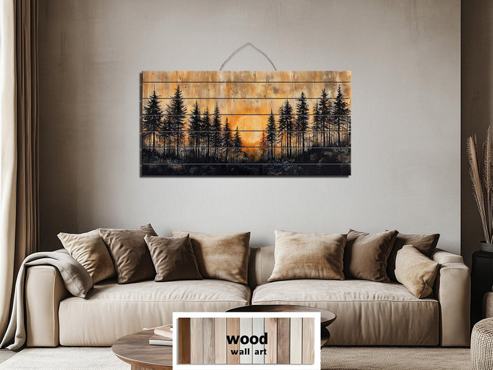 Rustic Pine Forest At Sunset Distressed Wood Wall Art