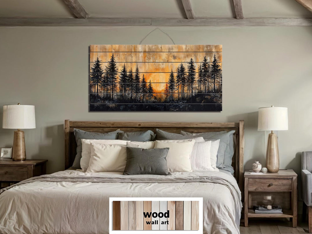 Rustic Pine Forest At Sunset Distressed Wood Wall Art