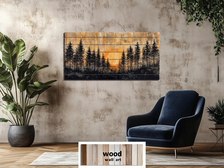 Rustic Pine Forest At Sunset Distressed Wood Wall Art