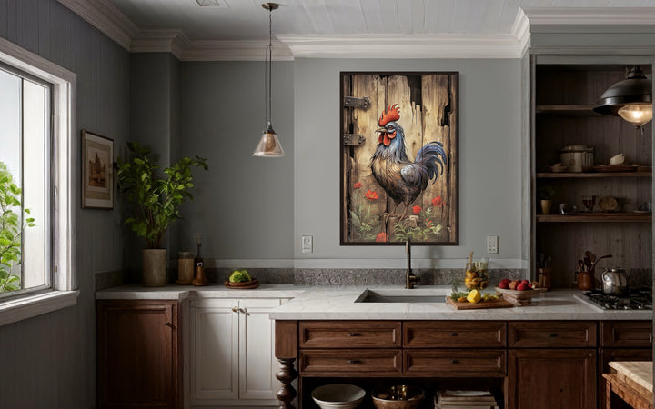 Rustic Rooster Painting On Distressed Wood Framed Canvas Wall Art