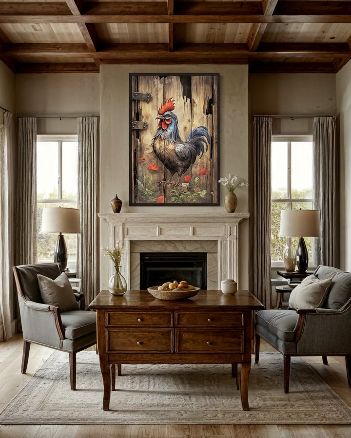 Rustic Rooster Painting On Distressed Wood Framed Canvas Wall Art