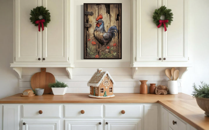 Rustic Rooster Painting On Distressed Wood Framed Canvas Wall Art