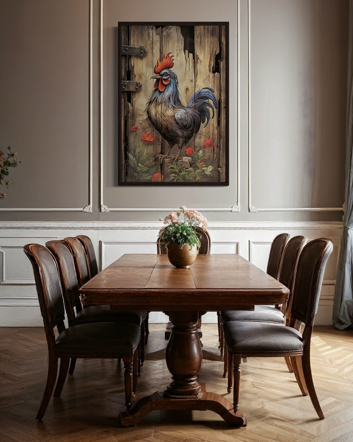 Rustic Rooster Painting On Distressed Wood Framed Canvas Wall Art