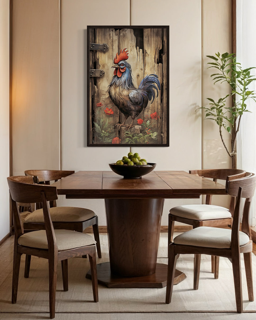 Rustic Rooster Painting On Distressed Wood Framed Canvas Wall Art