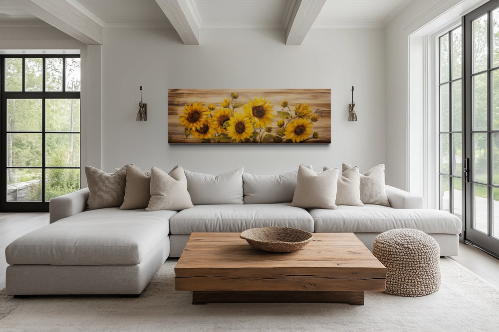 Rustic Sunflowers Painting on Wood Long Horizontal Framed Canvas Wall Art