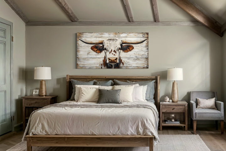 Rustic Texas Longhorn On White / Grey Wood Background Framed Canvas Wall Art
