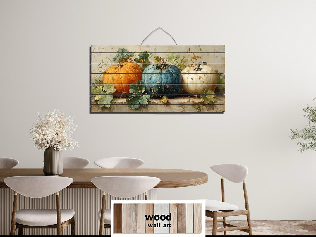 Rustic Three Pumpkins Distressed Wood Autumn Wall Art For Dining Room Or Kitchen