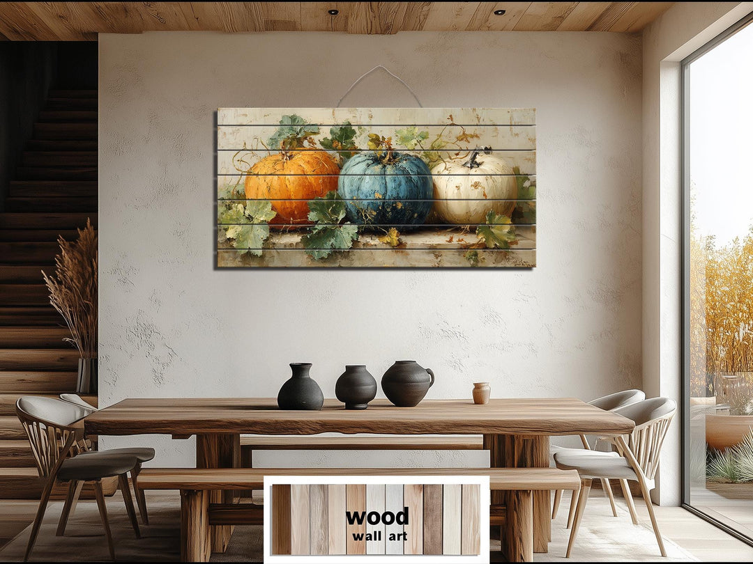 Rustic Three Pumpkins Distressed Wood Autumn Wall Art For Dining Room Or Kitchen