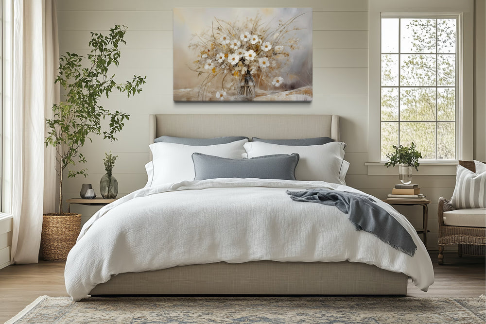 Rustic Wildflowers Bouquet Neutral Framed Canvas Wall Art For Farmhouse