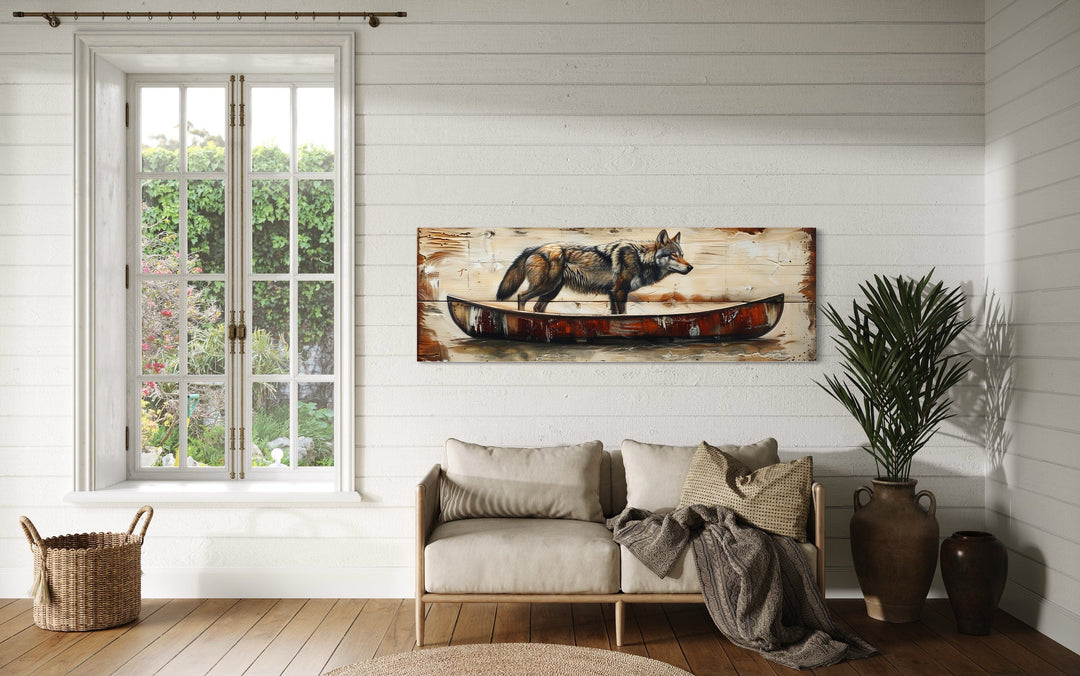 Rustic Wolf In Canoe Long Horizontal Framed Canvas Wall Art