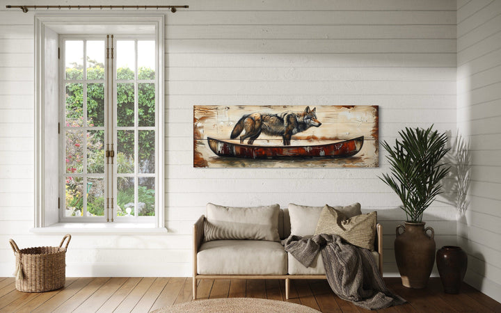 Rustic Wolf In Canoe Long Horizontal Framed Canvas Wall Art
