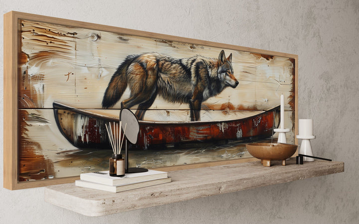 Rustic Wolf In Canoe Long Horizontal Framed Canvas Wall Art