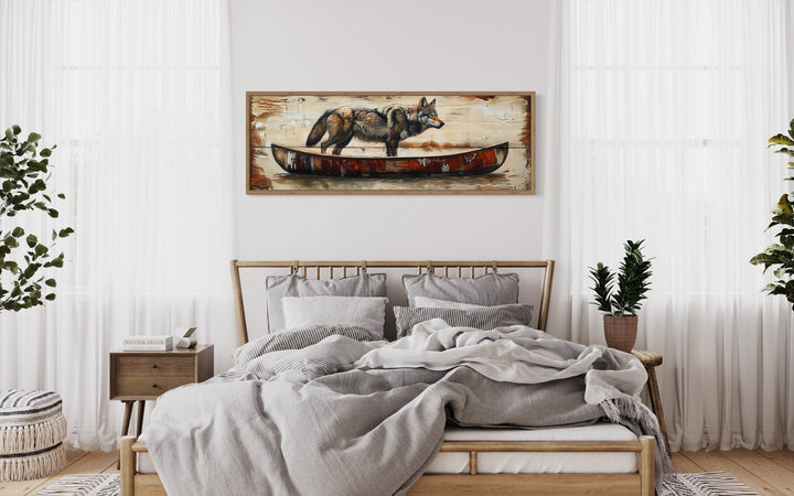 Rustic Wolf In Canoe Long Horizontal Framed Canvas Wall Art
