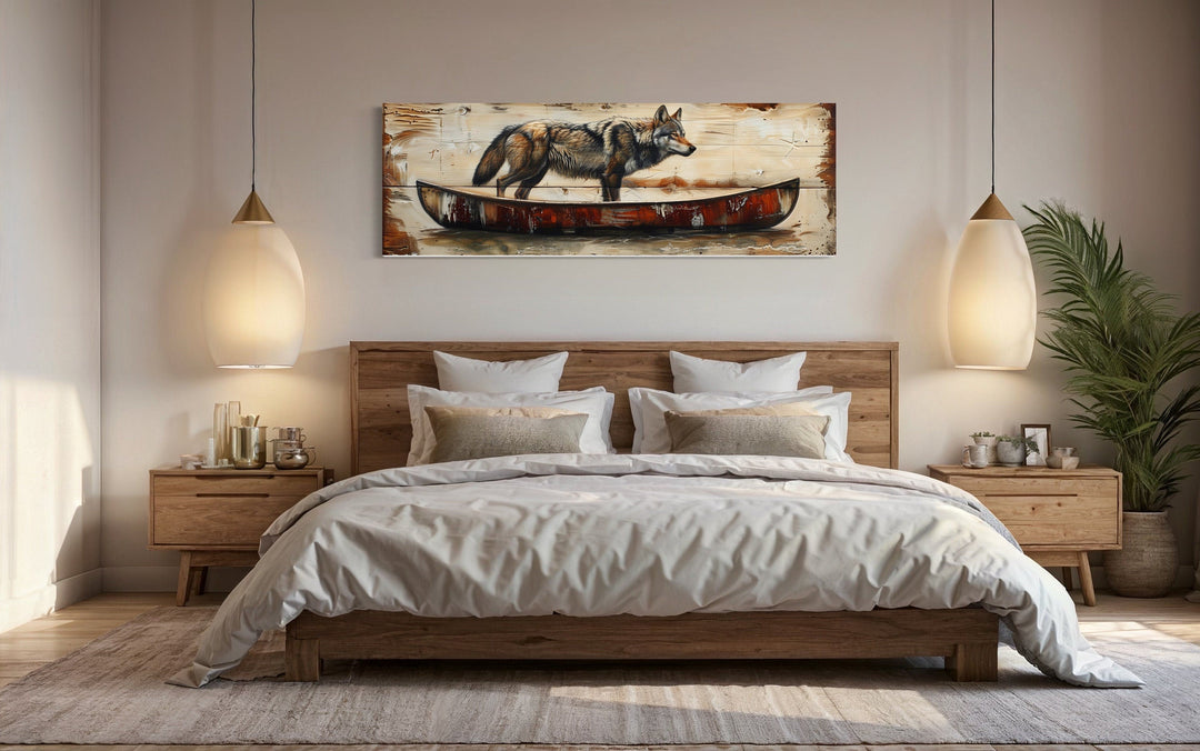 Rustic Wolf In Canoe Long Horizontal Framed Canvas Wall Art