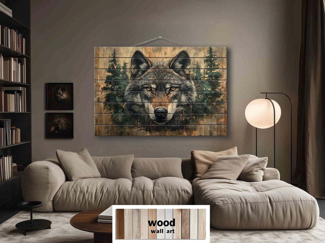Rustic Wolf In Pine Trees Distressed Wood Wall Art