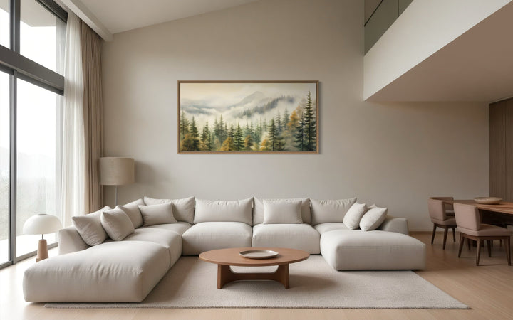 Sage Green Foggy Fir Tree Forest Framed Canvas Wall Art