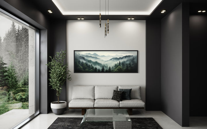 Sage Green Moody Foggy Pine Forest Mountains Landscape Above Bed Wall Art